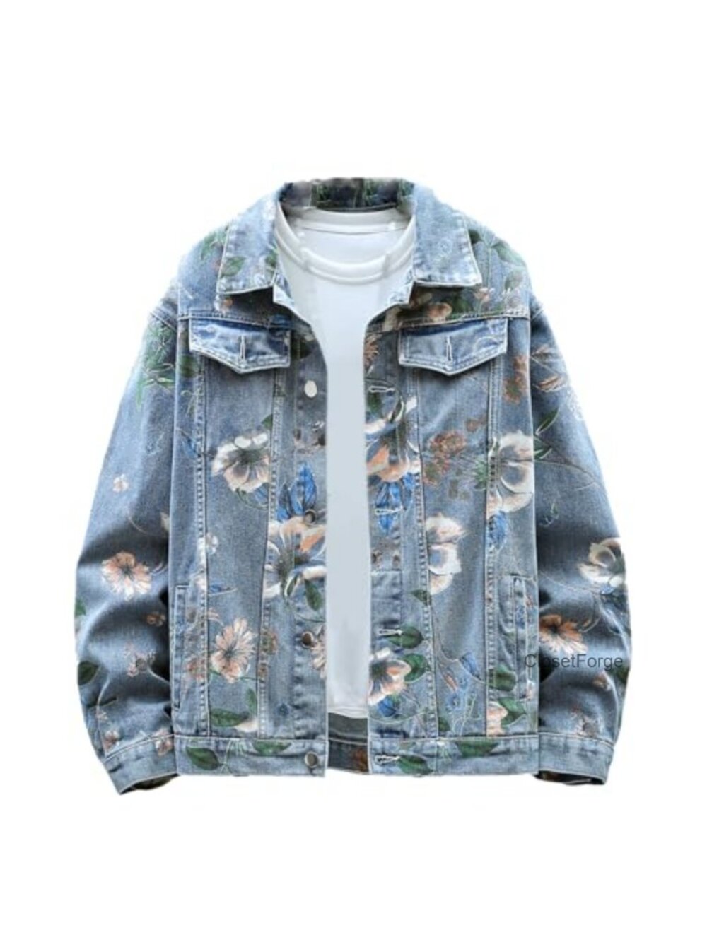Floral Print Denim Jacket Oversized Lightweight Jean Coat with Pockets